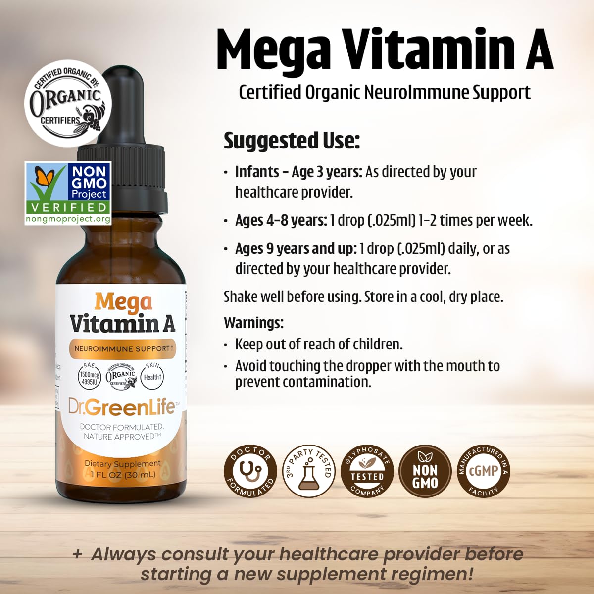 Dr. Green Mom Mega Vitamin A Liquid Drops | 1500 mcg RAE Per 1 Drop, 1180 Servings Per Bottle | Certified Organic, Non-GMO in Organic MCT Oil | Retinyl Palmitate | Infants, Kids & Adults | 1 fl oz