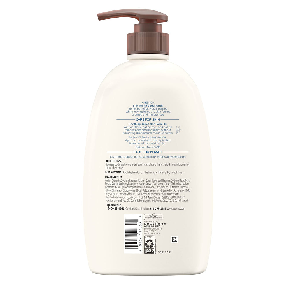 Aveeno Skin Relief Body Wash with Triple Oat Complex, Fragrance-Free, Gentle Daily Body Wash for Sensitive Skin Leaves Itchy, Dry Skin Feeling Soothed & Moisturized, Value Size 33 Fl Oz