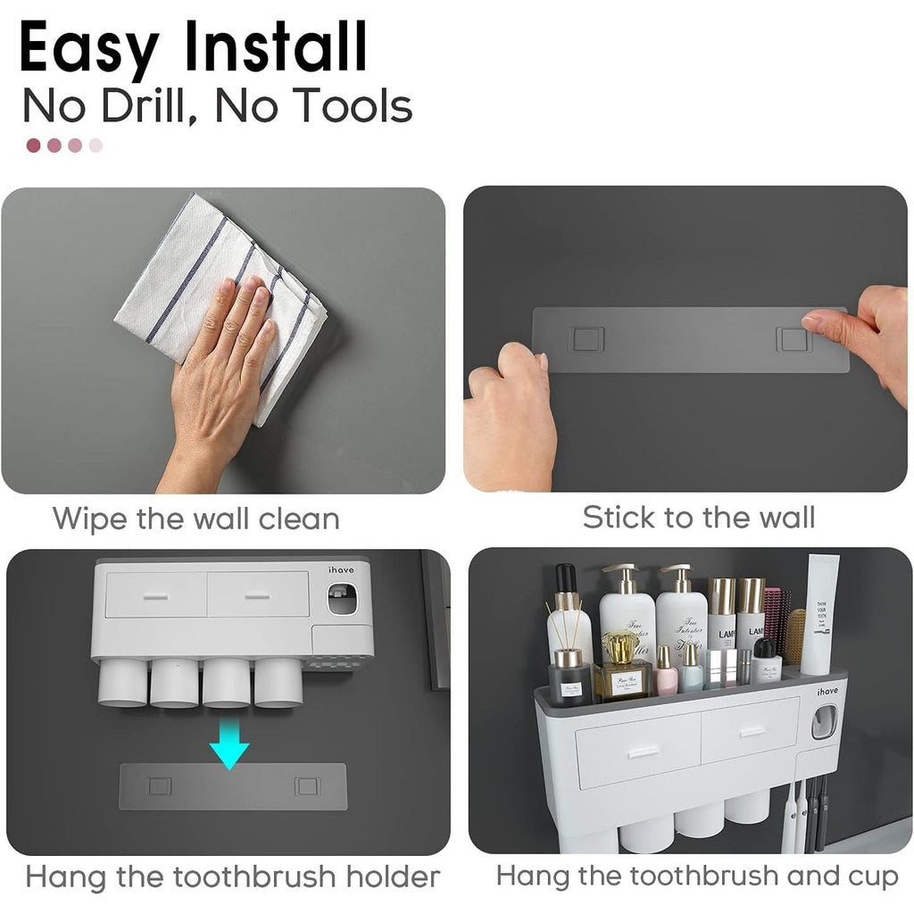 Buy now iHave Toothbrush Holders for Bathrooms, 4 Cups Toothbrush Holder Wall Mounted with Toothpaste Dispenser - Large Capacity Tray, 2 Cosmetic Drawer - Bathroom Organizer & Bathroom Accessories Set at indiglob india