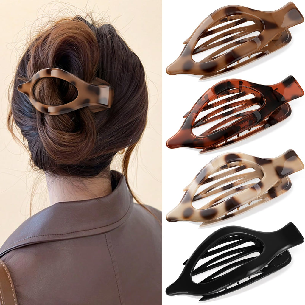 4 PCS Large Flat Hair Clips for Women Girls, French Concord Lay Down Claw Clips for Thick Thin Hair, Comfortable Curved Flat Clip, Leopard Print Stylish Strong Hold Hair Accessories, Tortoise
