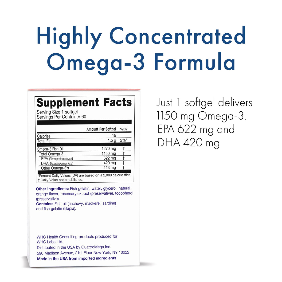 WHC UnoCardio X2 Omega-3 Fish Oil, 1150mg EPA/DHA, 60 Softgels
