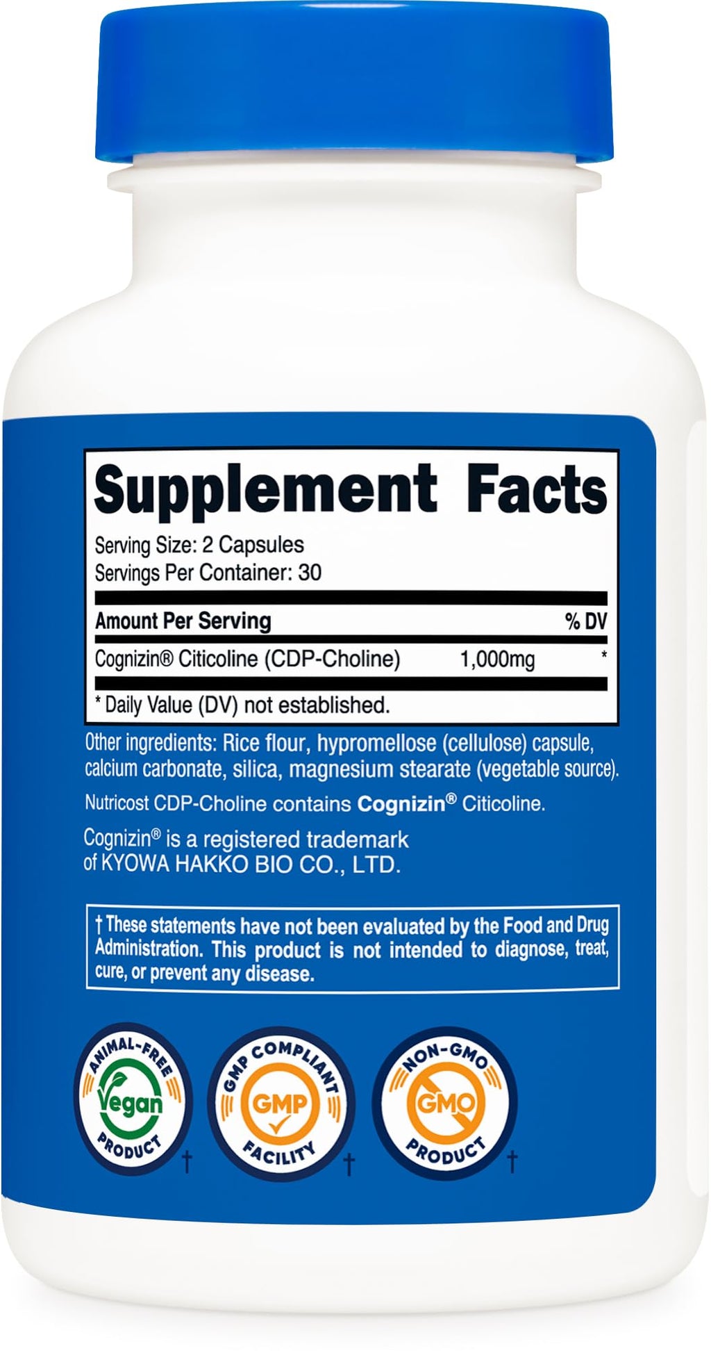 Nutricost Cognizin Citicoline (CDP-Choline) 1000mg, 60 Capsules, Vegan