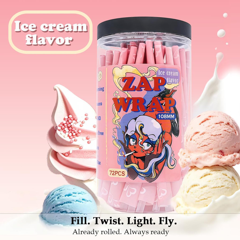 ZAPWRAP 72 PCS Pink Pre Rolled Cones| Ice Cream Flavor | King Size Rolling Paper Cone with Loader and Packing Sticks with Heart Patterns | Valentine's
