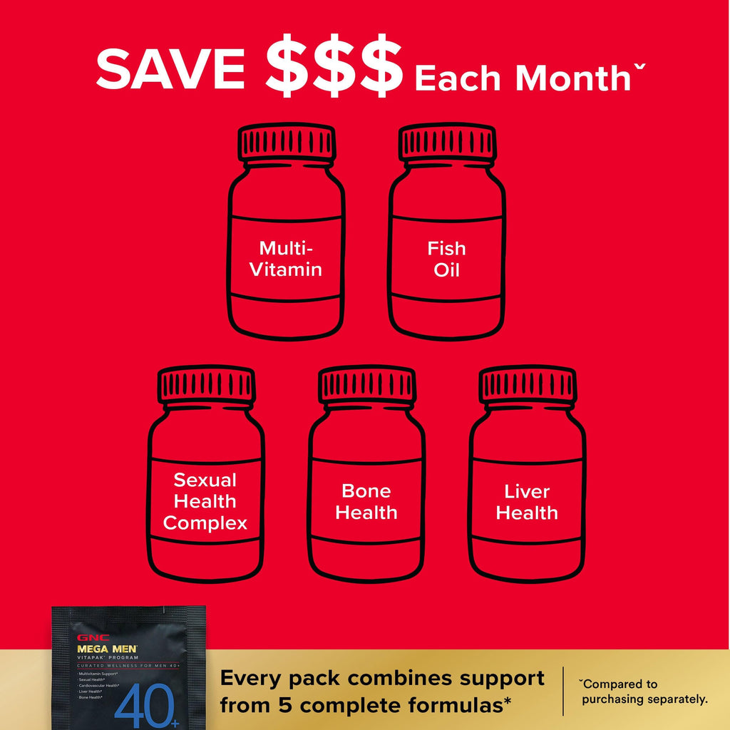Buy now GNC Mega Men 40+ Vitapak, 5-in-1 Multivitamin Pack, Energy Production, Men's Health, Edible Dietary Supplement, 30 Servings at indiglob india