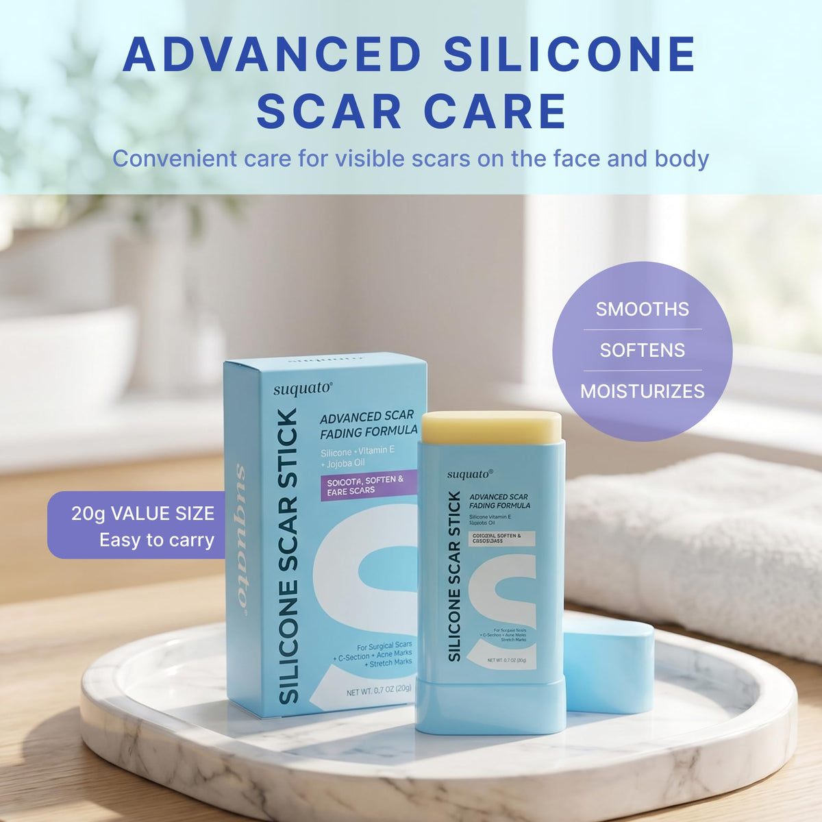 Suquato Silicone Scar Stick – Silicone Keloid Scar Removal Cream for Face & Body, Helps Improve Surgical Scars, C-Section, Acne Scars & Stretch Marks, Portable Twist Stick– 20g