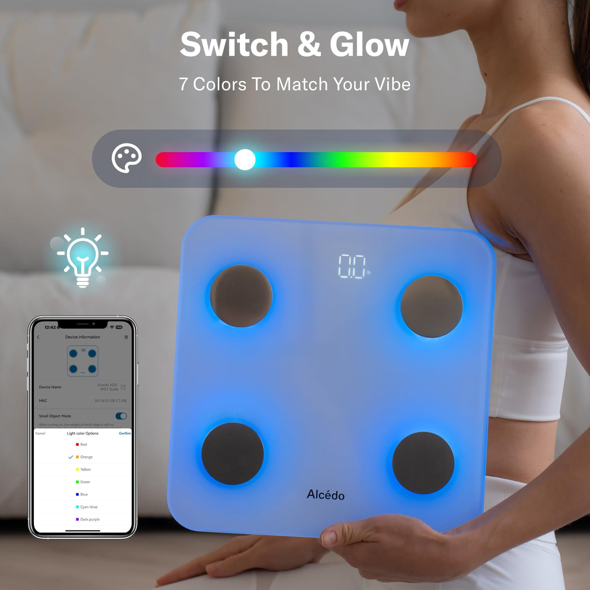 Alcedo Smart Body Fat Scale, Color-Changing Scale, Bluetooth, White