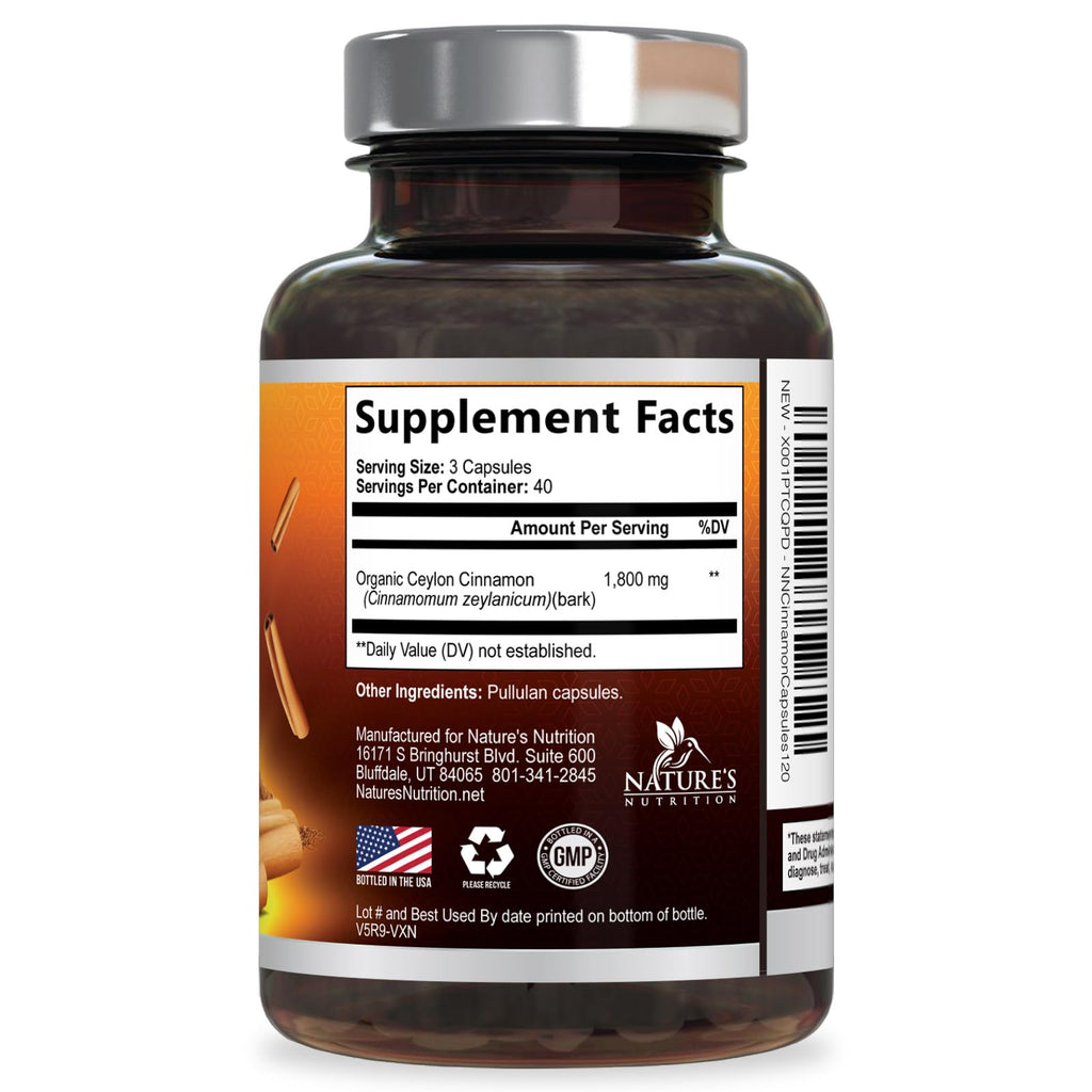 Organic Ceylon Cinnamon Capsules - Extra Strength Certified Organic Ceylon Cinnamon Supplement 1800mg Per Serving - Energy & Heart Support Antioxidant Pill for Women & Men, Bottled USA - 120 Capsules