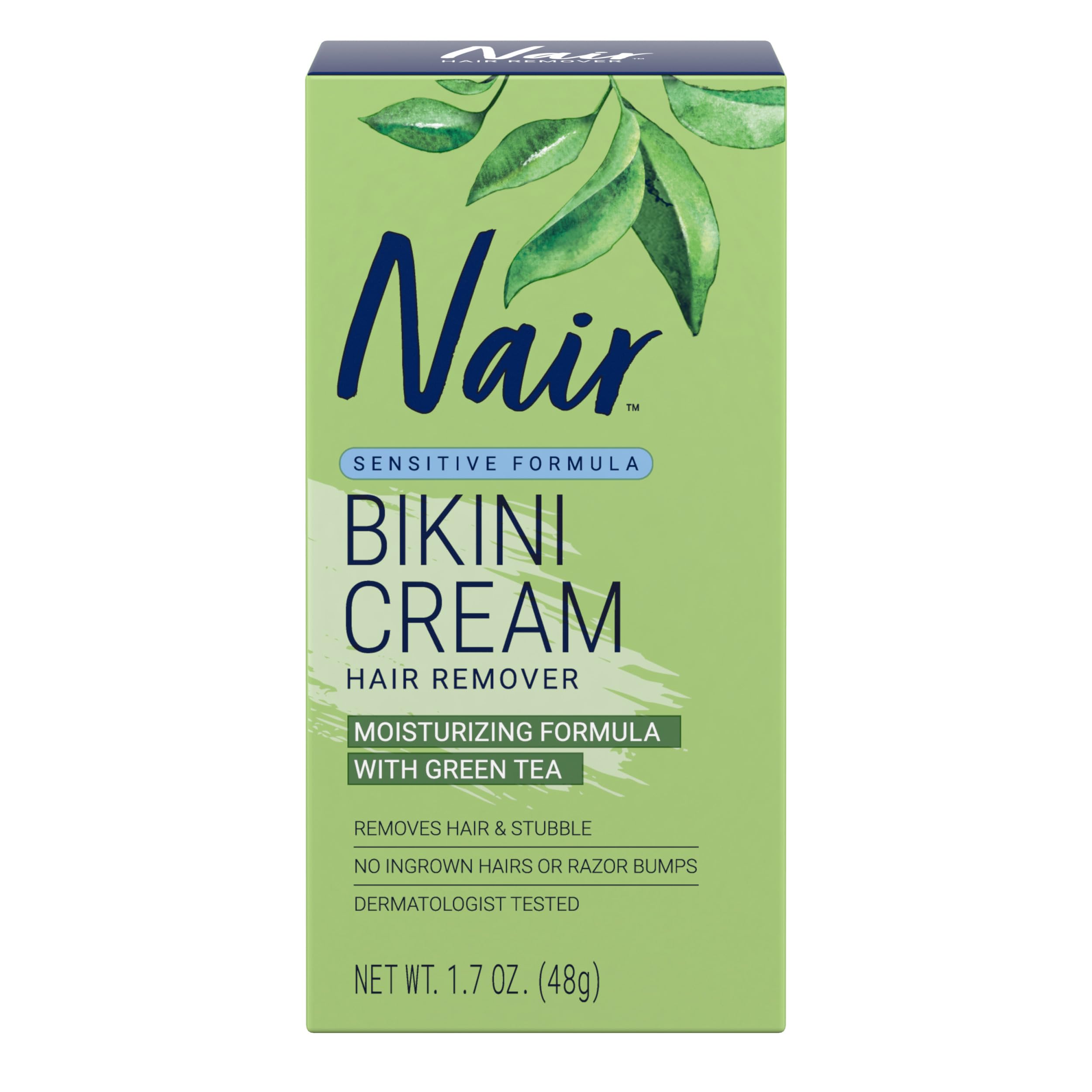 Nair Bikini Cream with Green Tea Sensitive Formula, 1.7 Ounce | Sensitive Skin Formula, Bikini Hair Removal, Dermatologist-Tested, Soft & Smooth Skin