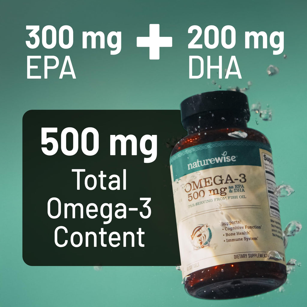 NatureWise Omega 3 Fish Oil - 500mg Omega 3 per Serving - 300mg EPA & 200mg DHA - Sustainably Sourced for Purity - Lemon Flavored - Burpless - Gluten & Soy Free, Non-GMO - 180 Softgels[6-Month Supply]