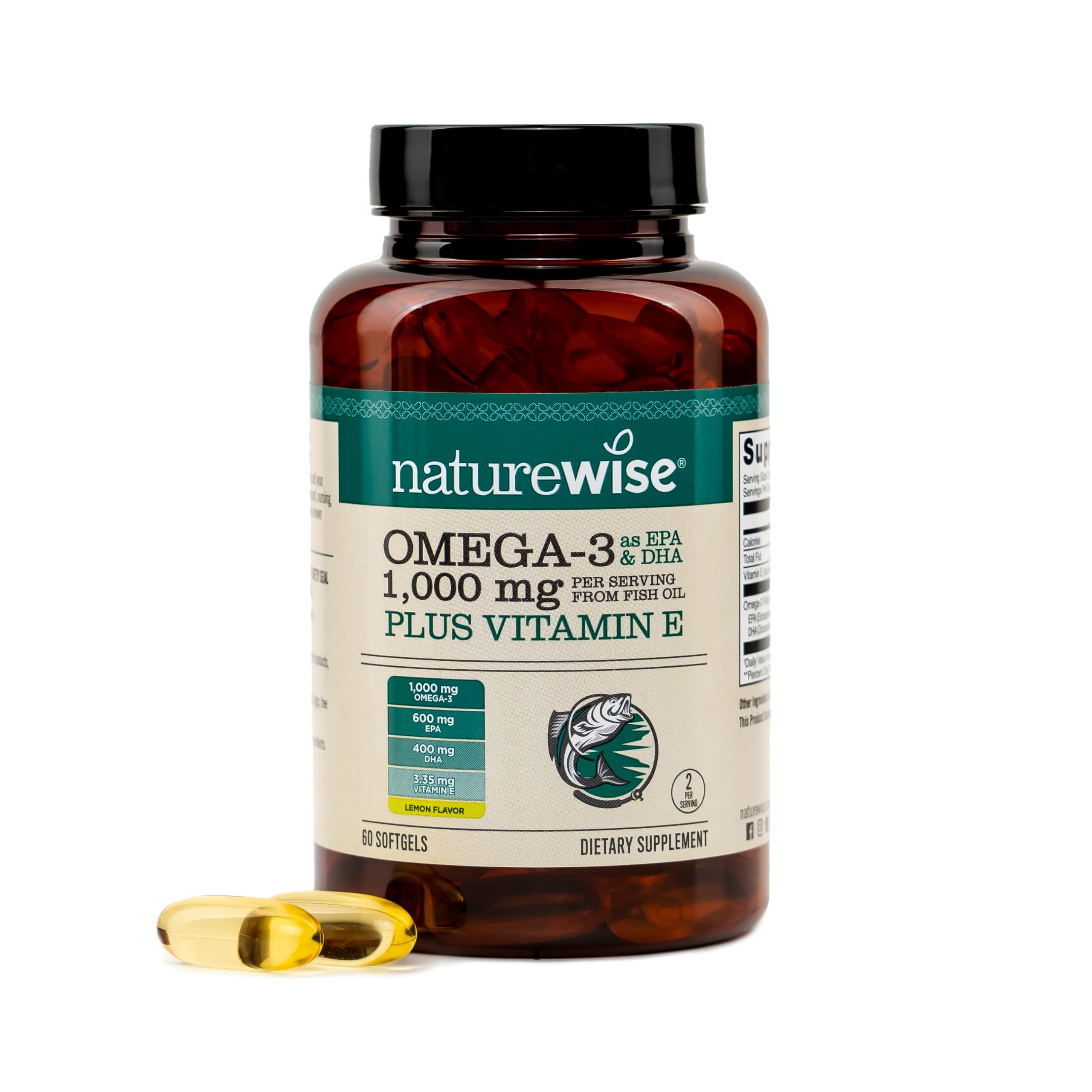 NatureWise Extra-Strength Omega 3 Fish Oil Supplement - 1000mg per Serving - 600 EPA & 400 DHA and Vitamin E - Sustainably Sourced Fish Oil - Lemon Flavor - 60 Softgels[1-Month Supply]