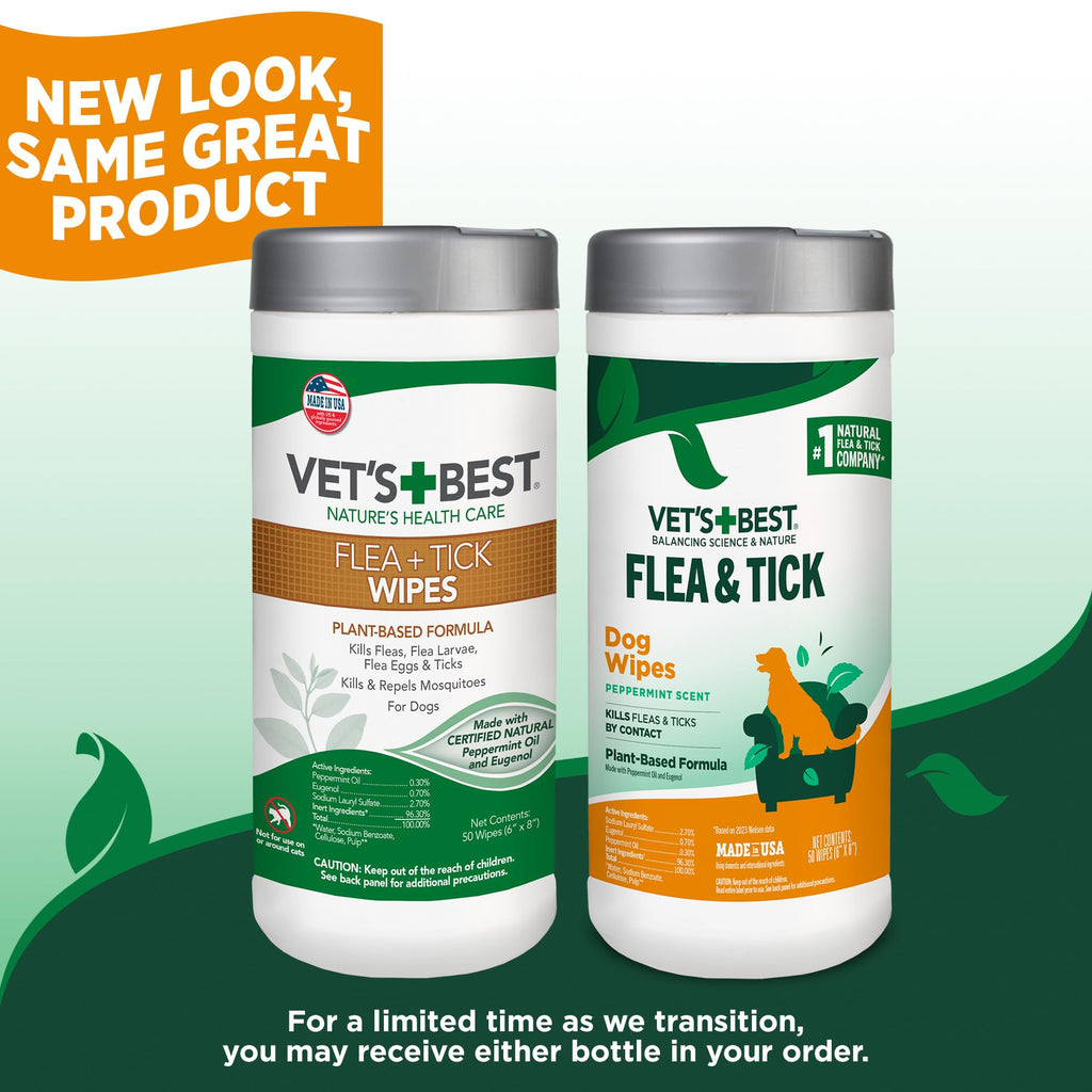 Vet's Best Flea & Tick Wipes for Dogs, Plant-Based, Pest Control, 50 Count