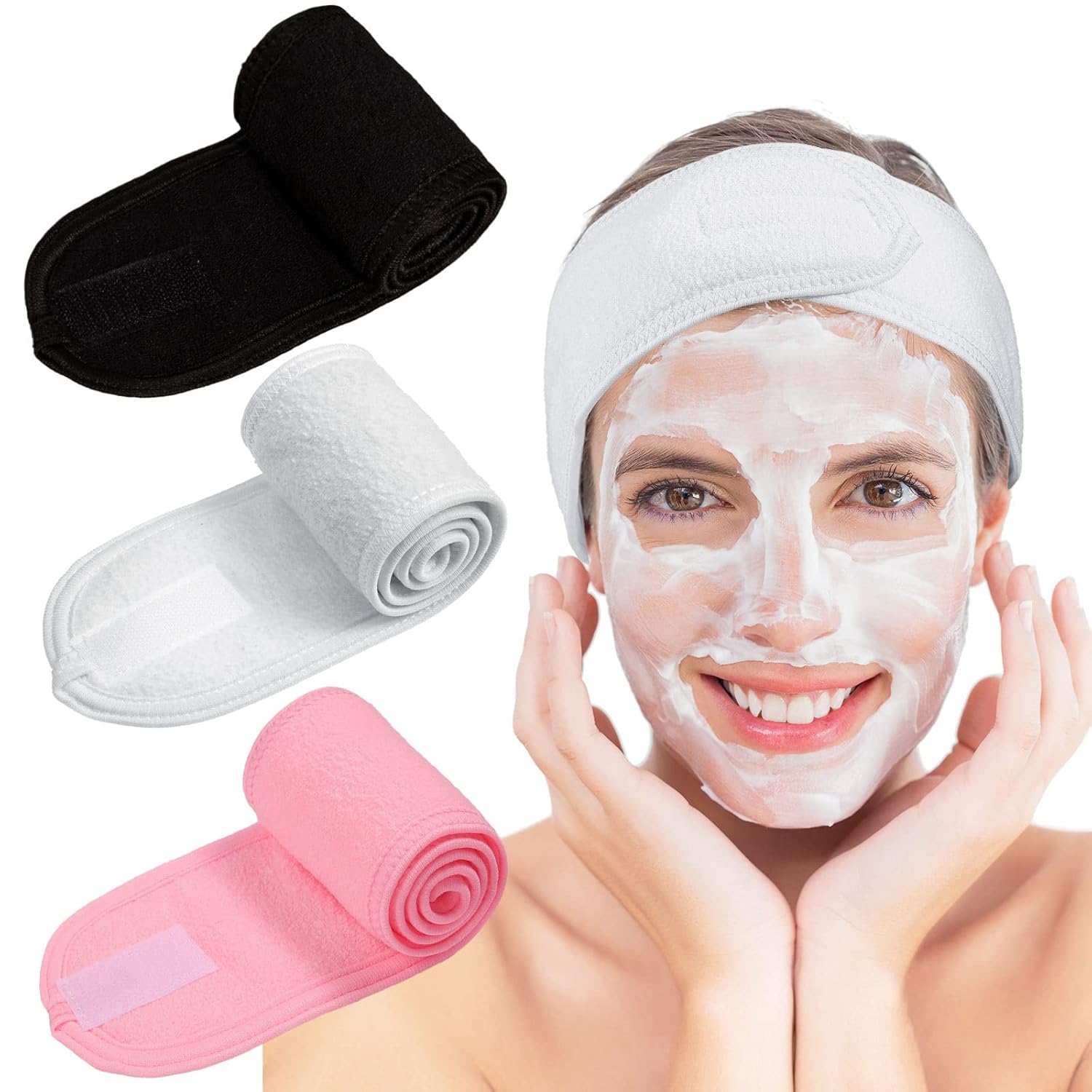 Buy now Whaline 3Pcs Spa Facial Headband Make Up Wrap Head Terry Cloth Headband Adjustable Washable Towel for Face Washing Shower Skincare Facial Treatment Sport Fits Makeup (White, Black, Gray) White, Black, Pink at indiglob india