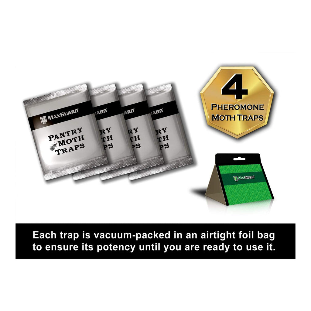 MaxGuard Pantry Moth Traps (4 Traps Trial Pack) Extra Strength Pheromones | Non-Toxic Sticky Glue Trap for Food and Cupboard Moths in Your Kitchen | Trap and Kill Seed Grain Flour Meal Moths |
