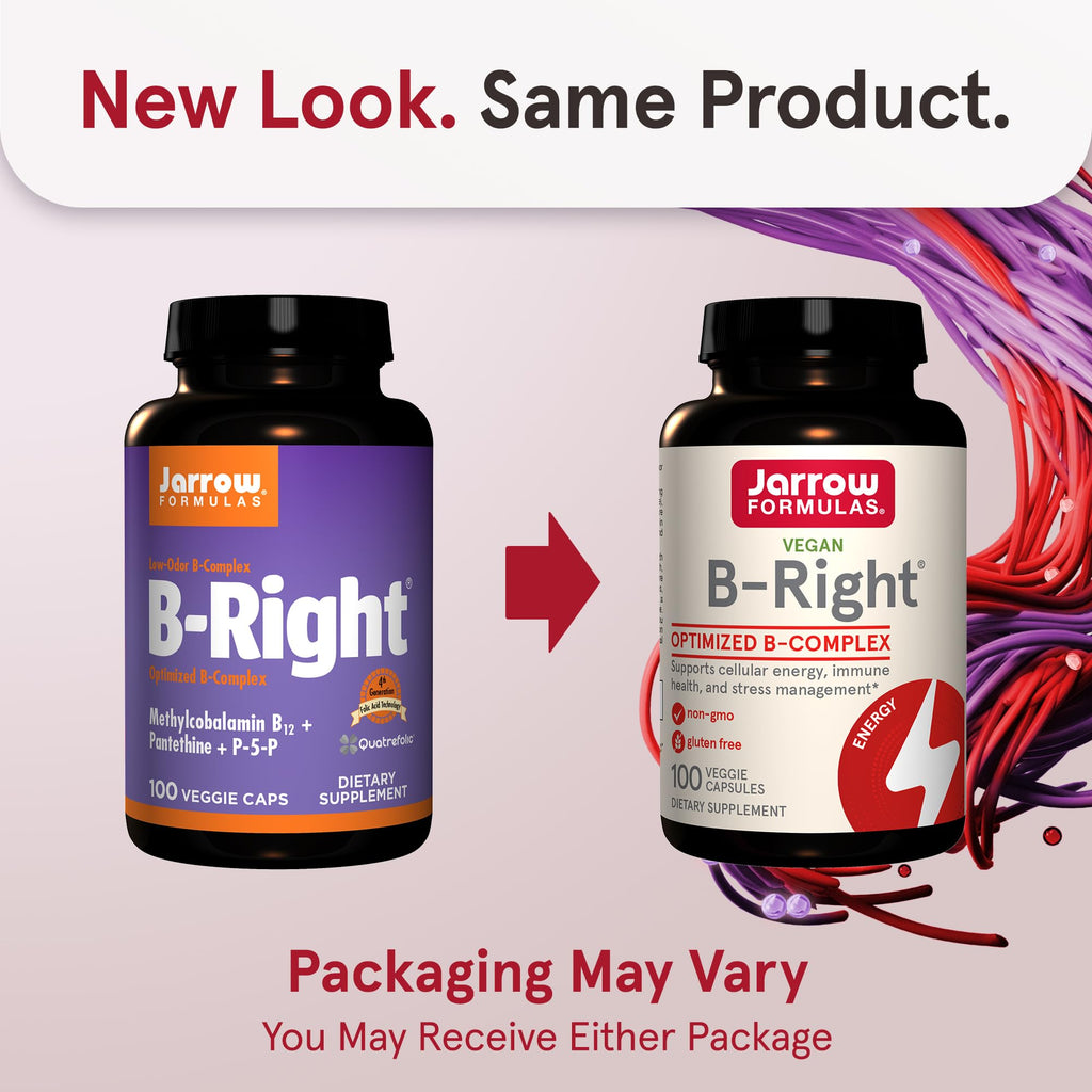 Jarrow Formulas B-Right,Optimized B Complex Featuring Vit B1,B2,B5,B6,B12 and B9 to Support Cellular Energy,Immune Health and Stress Management,100 Veggie Caps,Up to a 100 Day Supply, Pack of 12