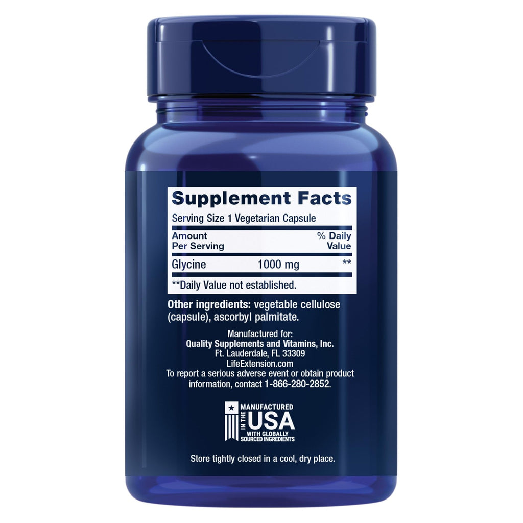 Life Extension Glycine, 1000 mg, Amino Acid that Promotes Healthy Sleep, Gluten-Free, Non-GMO, Vegetarian, 100 Capsules