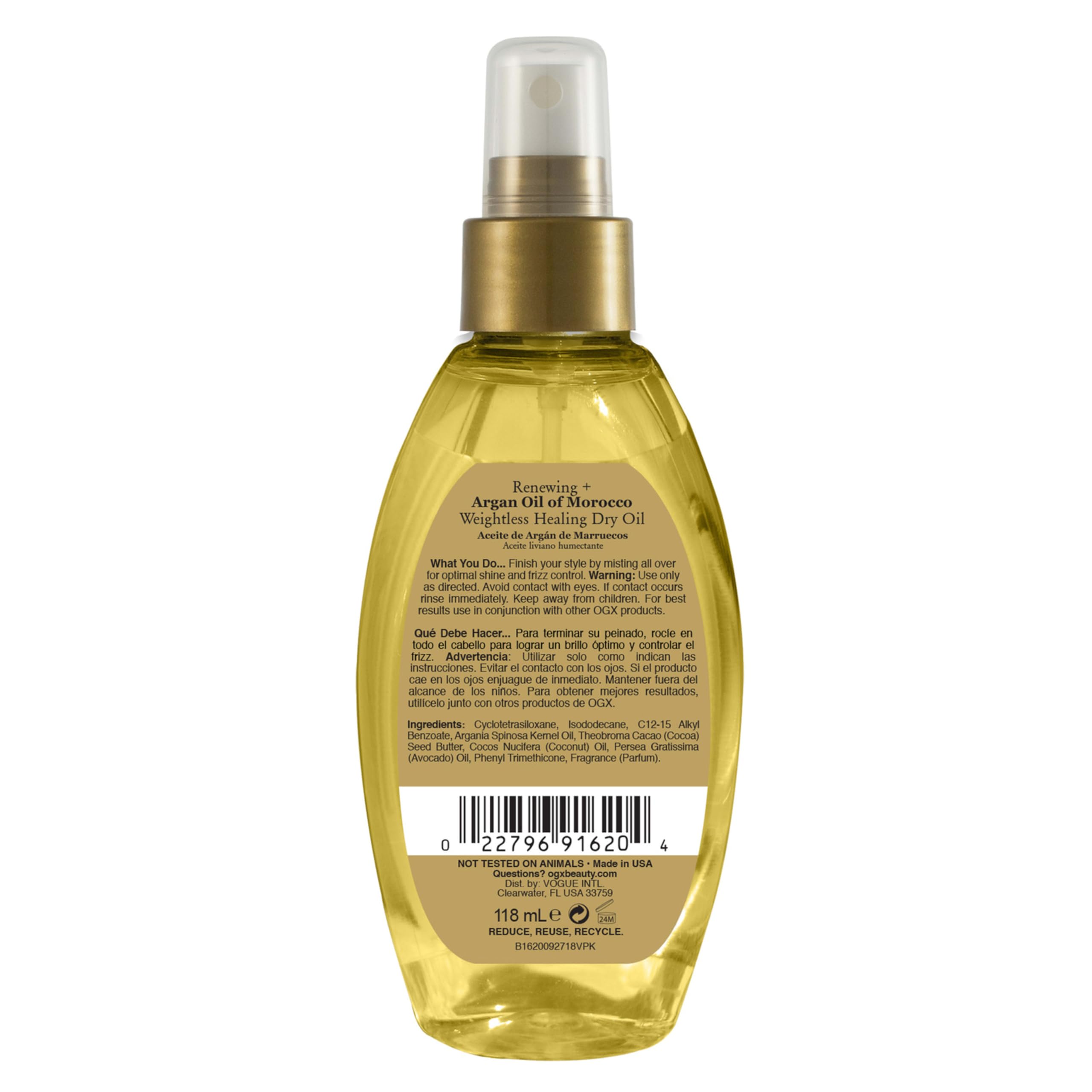 OGX Renewing + Argan Oil of Morocco Weightless Healing Dry Oil Spray, Lightweight Hair Oil Mist for Split Ends, Frizzy Hair and Flyaways, Paraben-Free, Sulfated-Surfactants Free, 4 Fl Oz