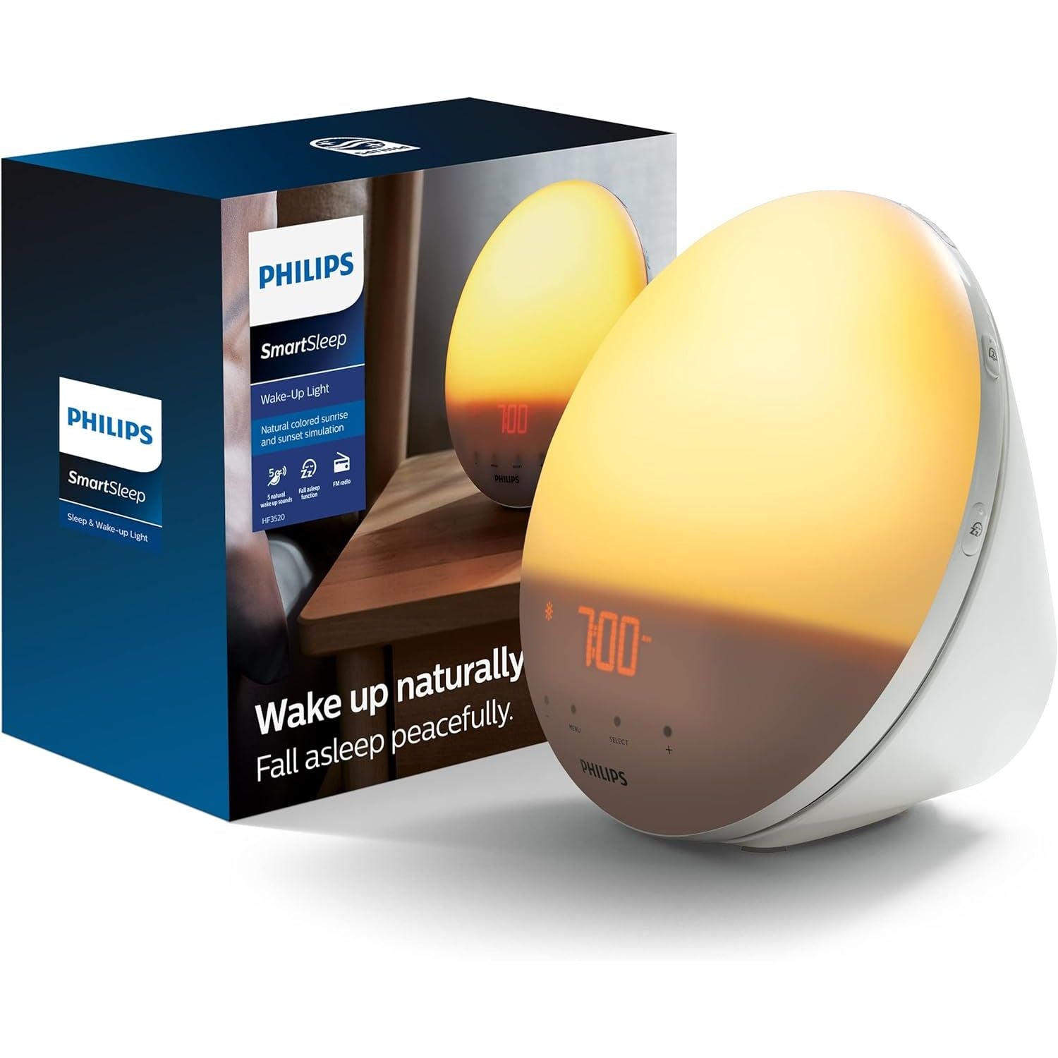 Buy now Philips SmartSleep Wake-up Light, Colored Sunrise and Sunset Simulation, 5 Natural Sounds, FM Radio & Reading Lamp, Tap Snooze, HF3520/60 1 Count (Pack of 1) at indiglob india