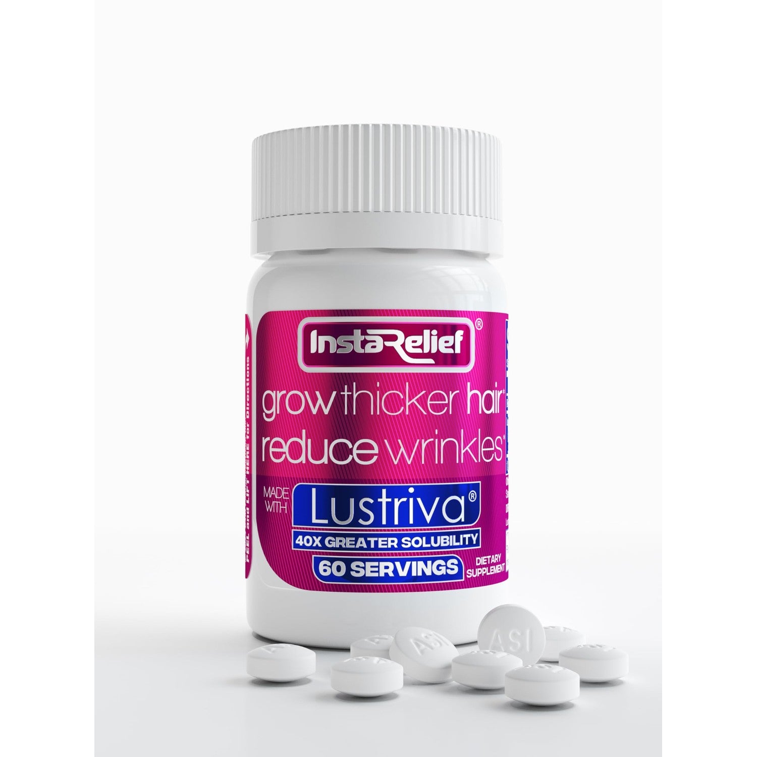 InstaRelief® Hair Growth with Lustriva® - Clinically Shown to Grow Thicker, Healthier Hair in 3 Weeks, Reduce Wrinkles and Fine Lines, with Biotin, Silicon, and Arginine, 60 Tablets