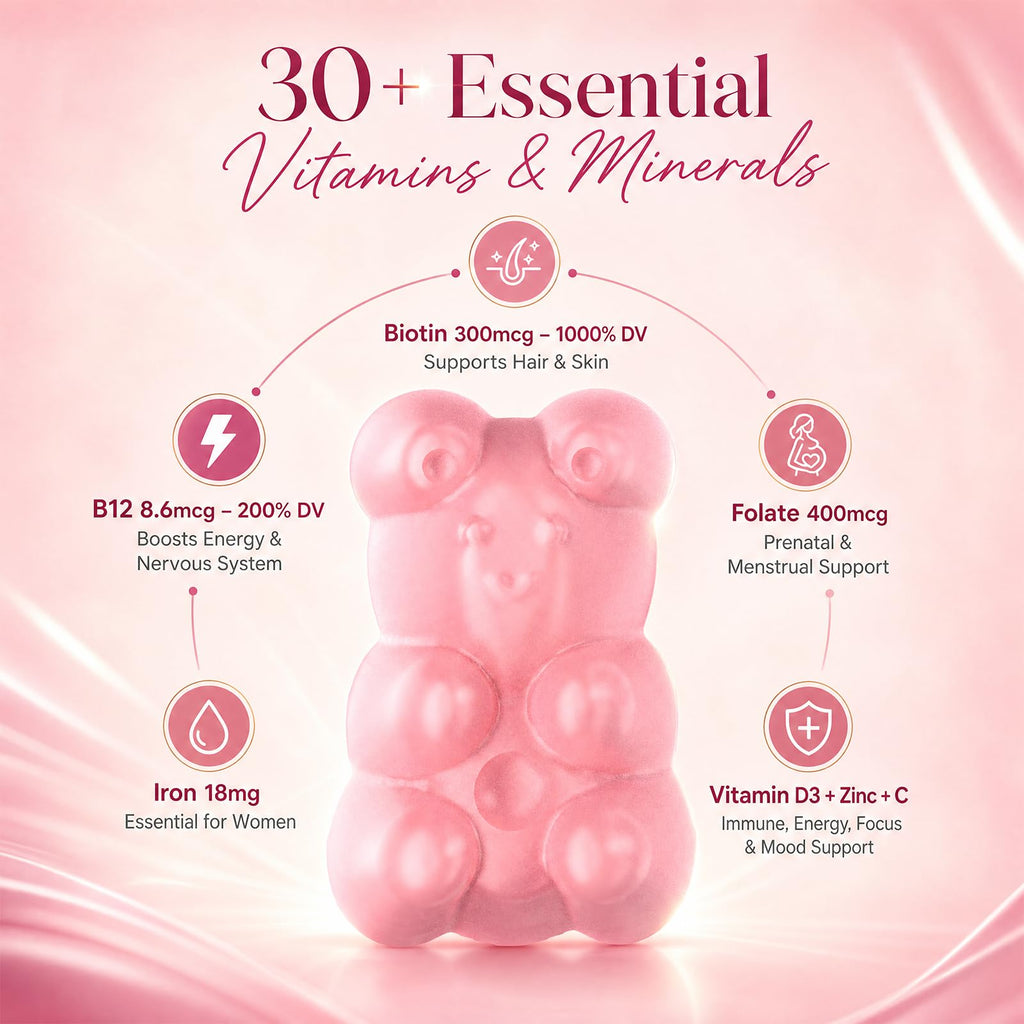 Sugar Free Multivitamin Gummies for Women 14+ with Iron, Inositol, Folate, Vitamins A C D3 E B12 K2, Herbal & Mineral Blend, Daily Vegan Gummy for Hair, Skin, Energy, Immune Support – 60 Count