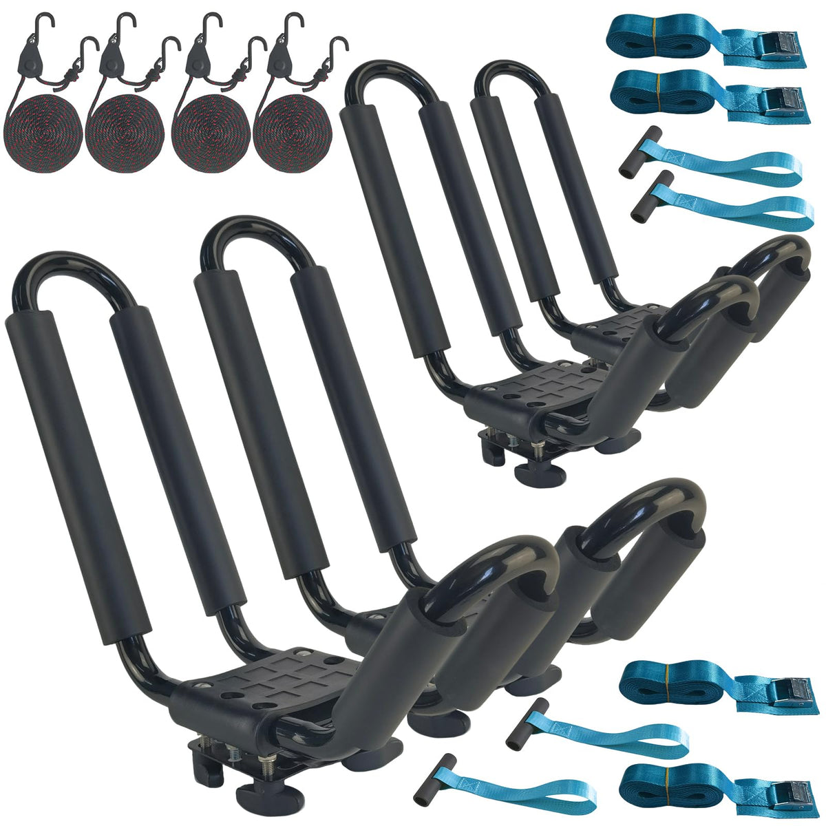 2 Pairs Heavy Duty Kayak Rack-Includes 4 Pcs Ratchet Tie-Mount on Car Roof Top Crossbar-Easy to Carry Kayak Canoe Boat Surf Ski (J-Bar Rack)
