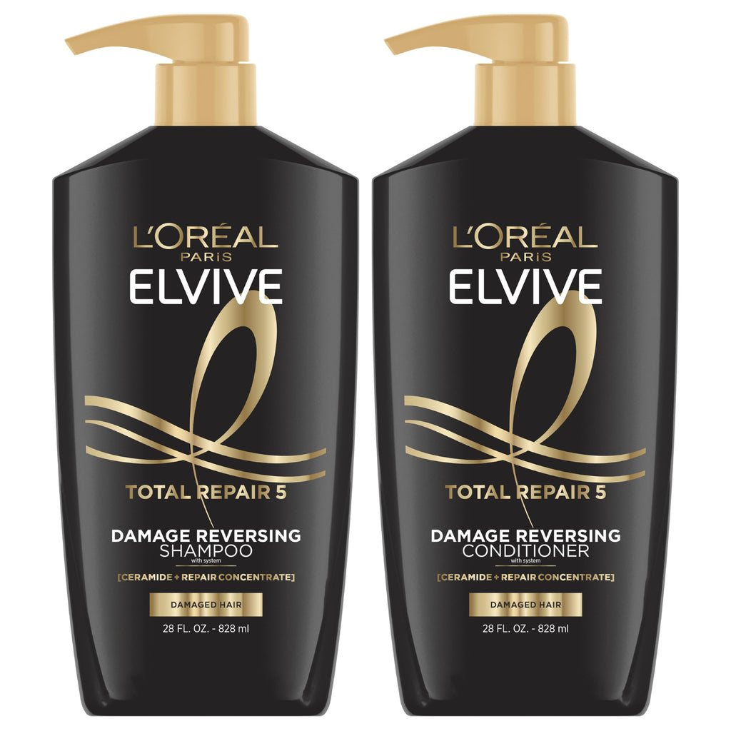 L'Oreal Paris Elvive Total Repair 5 Damage Reversing Shampoo and Conditioner Set for Dry and Damaged Hair, Hair Repair Formula with Protein and Ceramide, 56 Fl Oz Set
