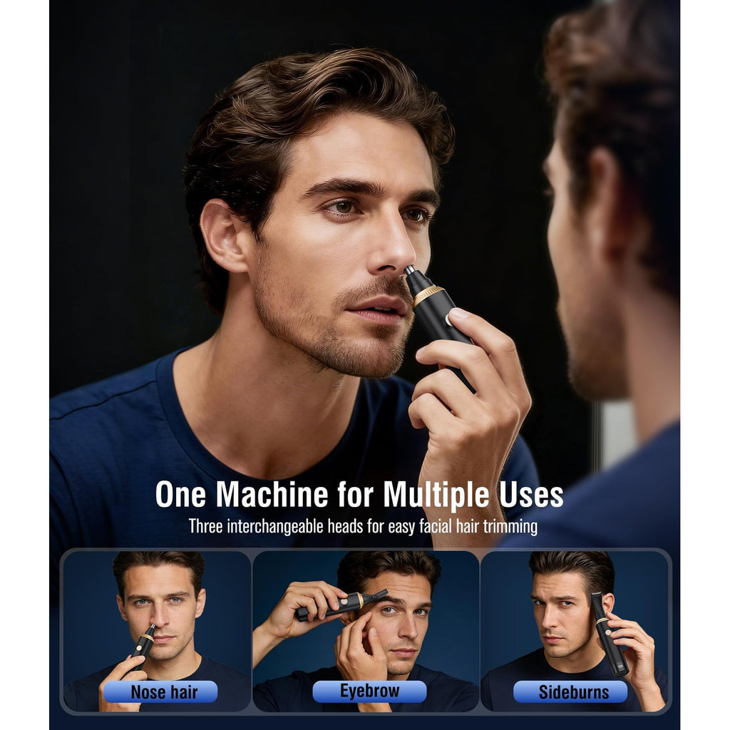 Nose Hair Trimmer for Men, 3-in-1 Professional Painless USB-C Rechargeable Eyebrow & Facial Nose Trimmer for Men Women, LED Display Trimmer with Powerful Motor and Dual-Edge Blades, Gold