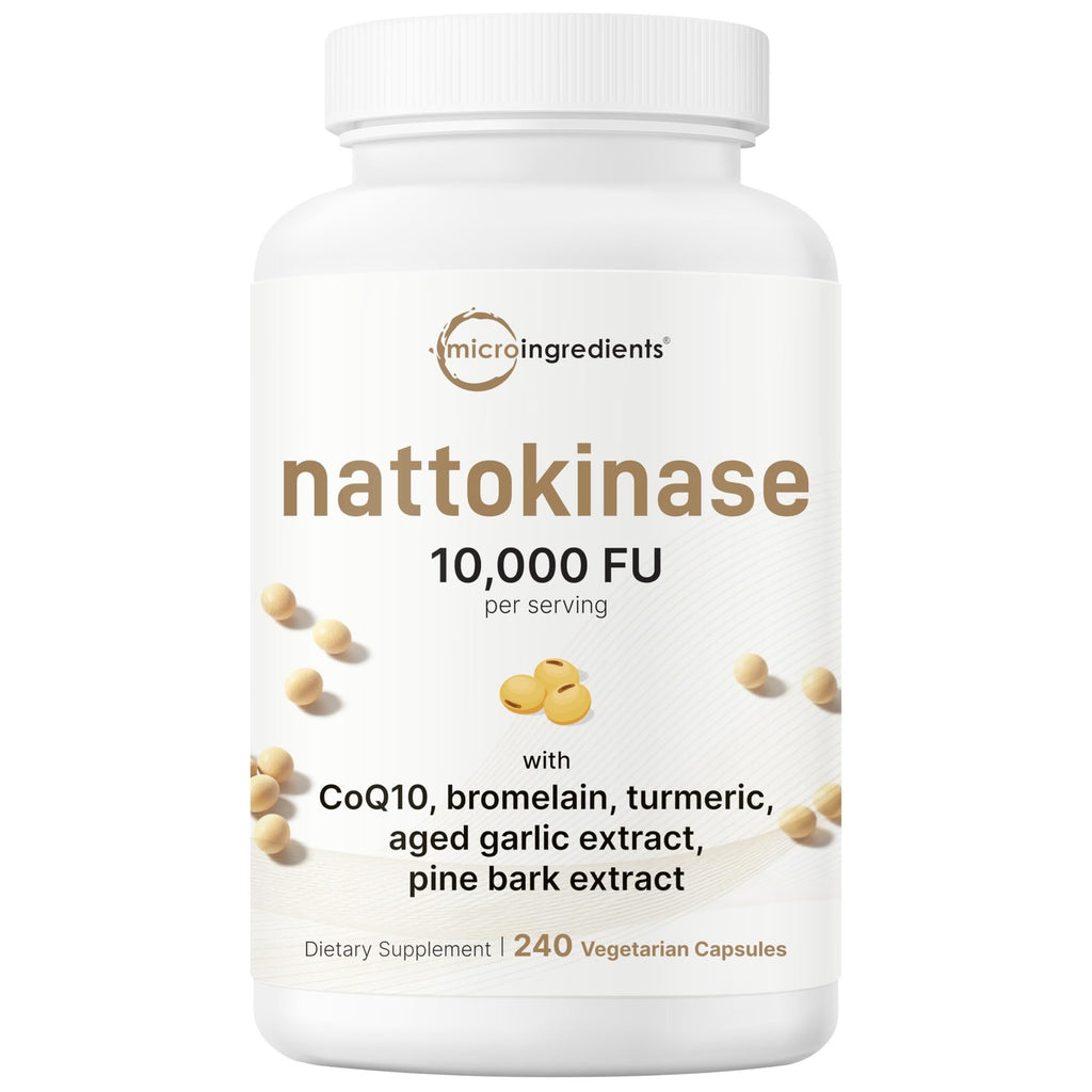 Micro Ingredients Nattokinase 10,000 FU Per Serving, 240 Veggie Capsules | Natural Natto Extract with CoQ10, Turmeric, Aged Garlic & Pine Bark Extract. Non-GMO, Gluten Free.