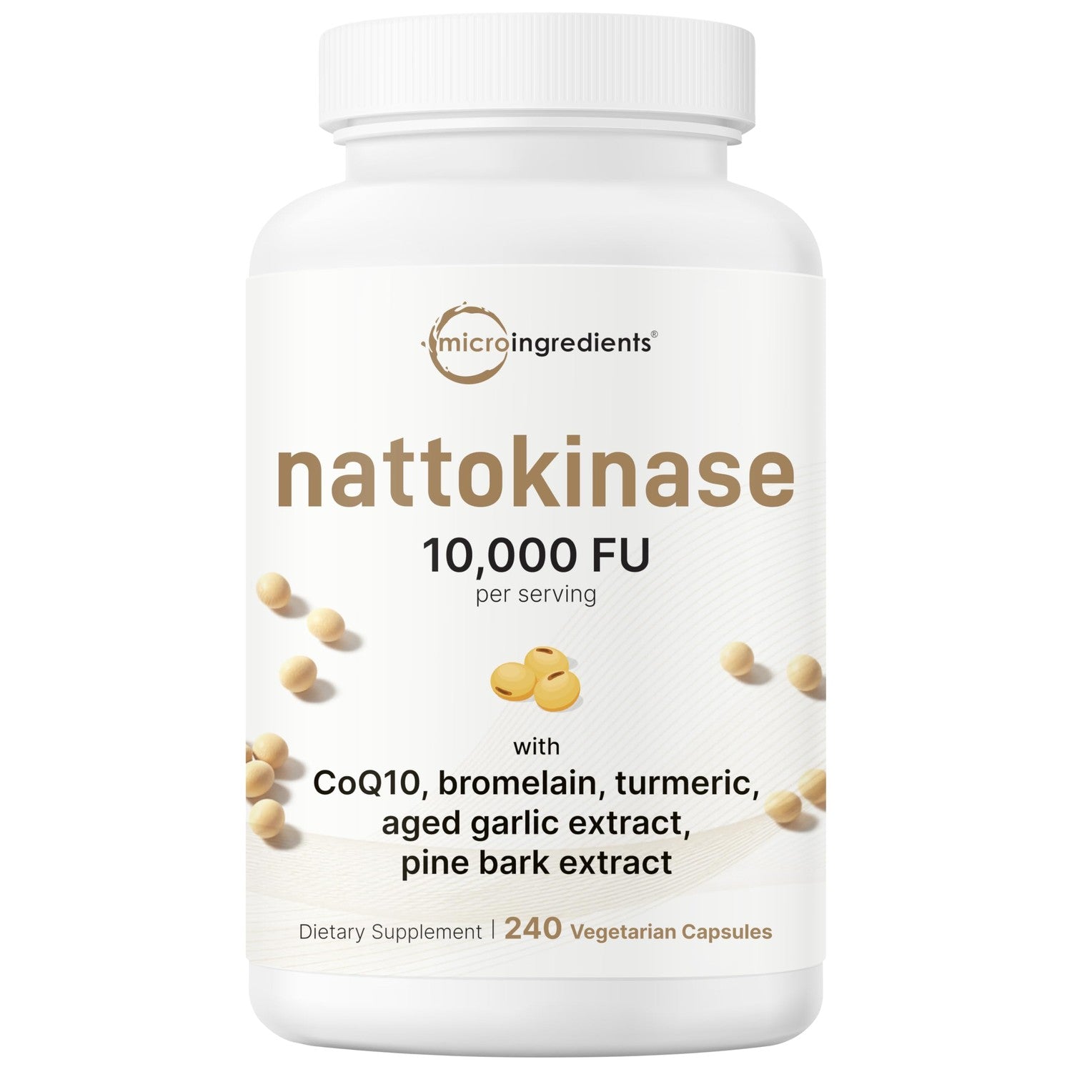 Micro Ingredients Nattokinase 10,000 FU Per Serving, 240 Veggie Capsules | Natural Natto Extract with CoQ10, Turmeric, Aged Garlic & Pine Bark Extract. Non-GMO, Gluten Free.