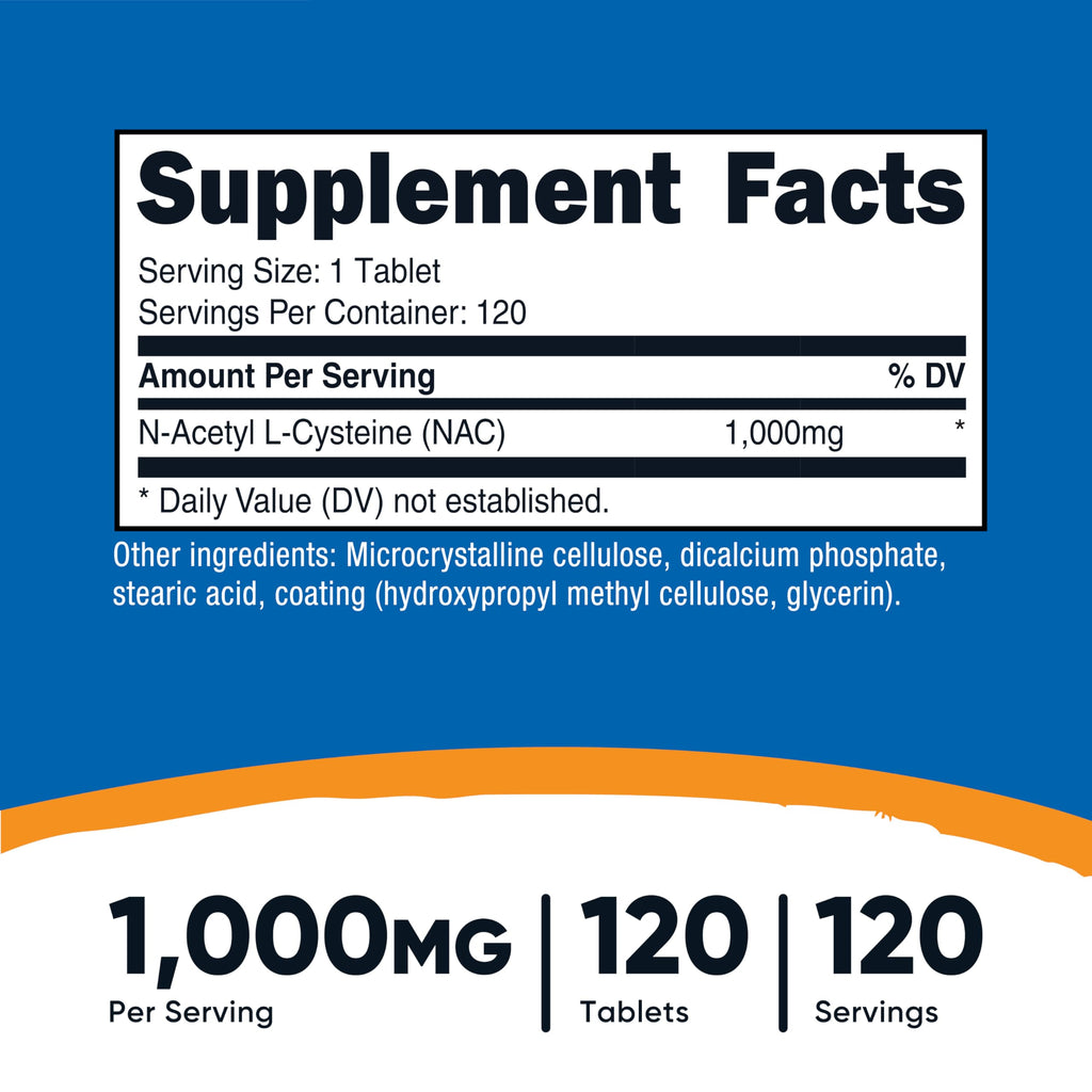 Nutricost N-Acetyl L-Cysteine (NAC) 1000mg, 120 Vegan Tablets, Gluten Free