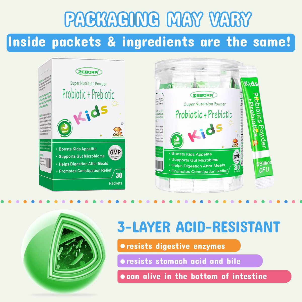 ZEBORA Kids Probiotic & Prebiotics Powder Age 3+, 30 Packets