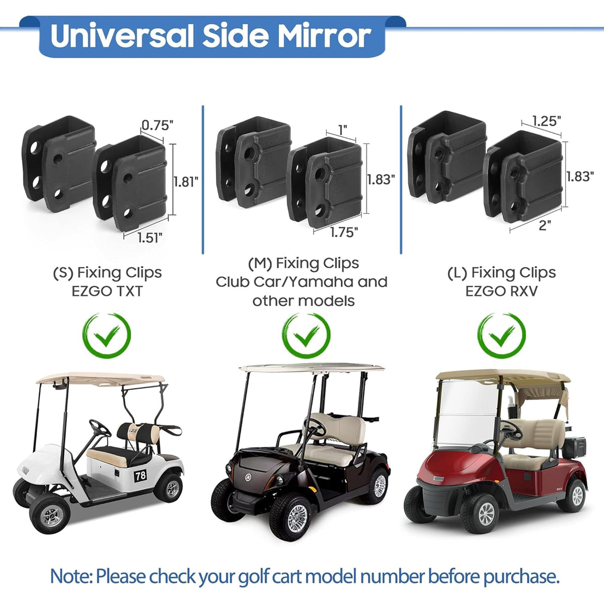 Golf Cart Side Mirrors No Drilling for Yamaha Club Car EZGO