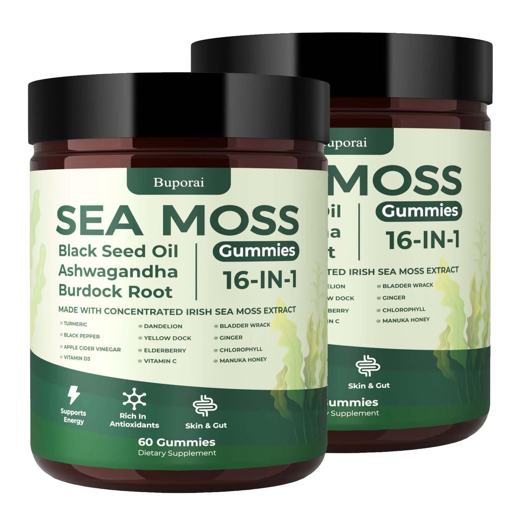Sea Moss Gummies 16-1, Black Seed Oil Ashwagandha Turmeric Bladder Wrack Vitamin C Vitamin D3 Elderberry Manuka Dandelion Yellow Dock Apple Cider Vinegar for Men & Women