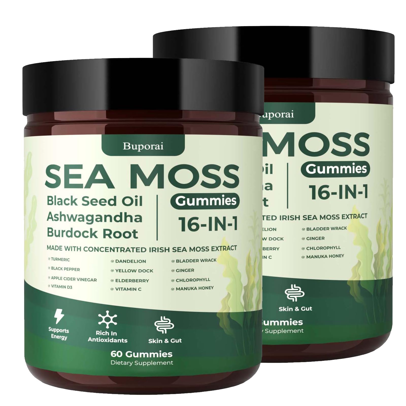 Sea Moss Gummies 16-1, Black Seed Oil Ashwagandha Turmeric Bladder Wrack Vitamin C Vitamin D3 Elderberry Manuka Dandelion Yellow Dock Apple Cider Vinegar for Men & Women