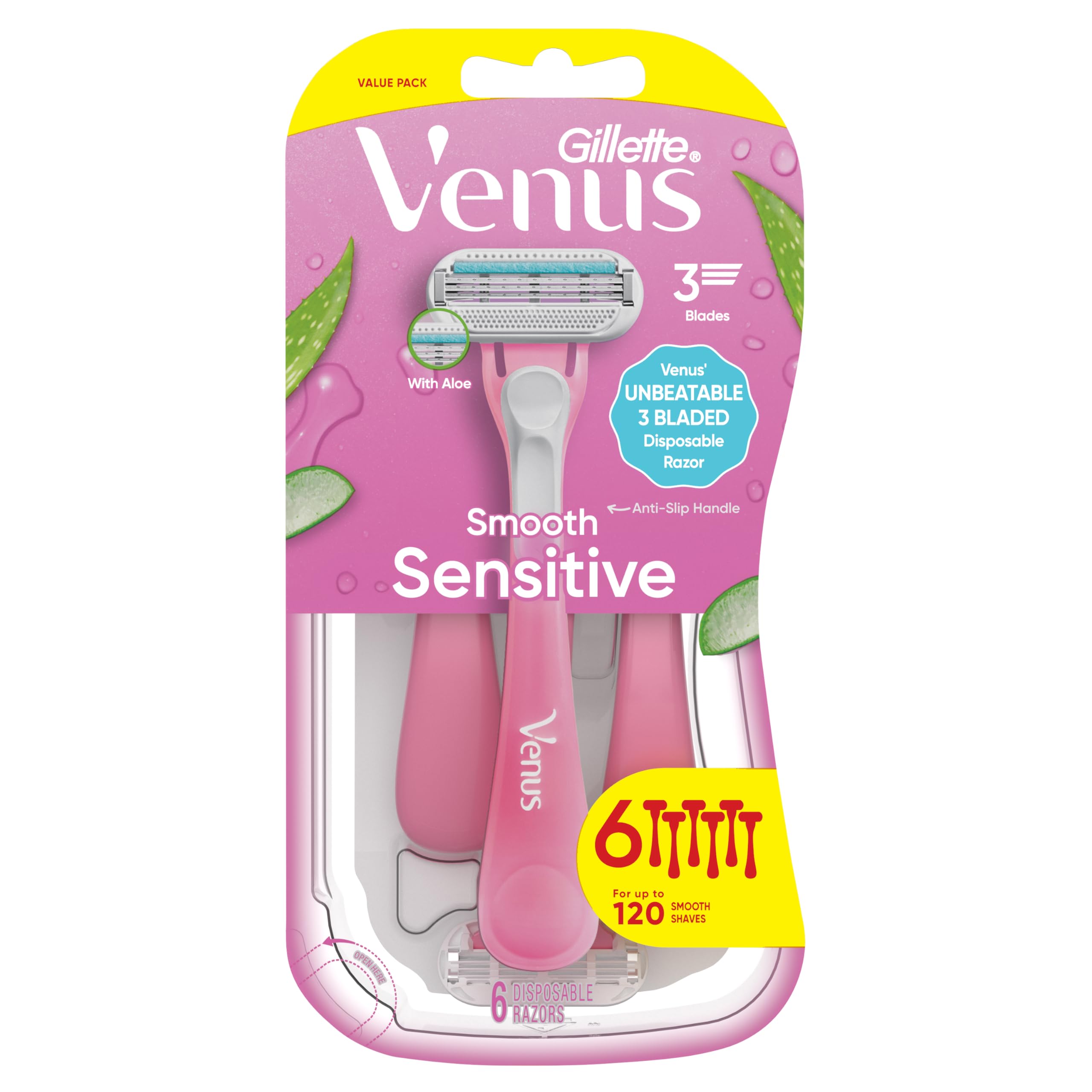 Gillette Venus Sensitive Disposable Razors for Women with Sensitive Skin, 6 Count, Delivers Close Shave with Comfort