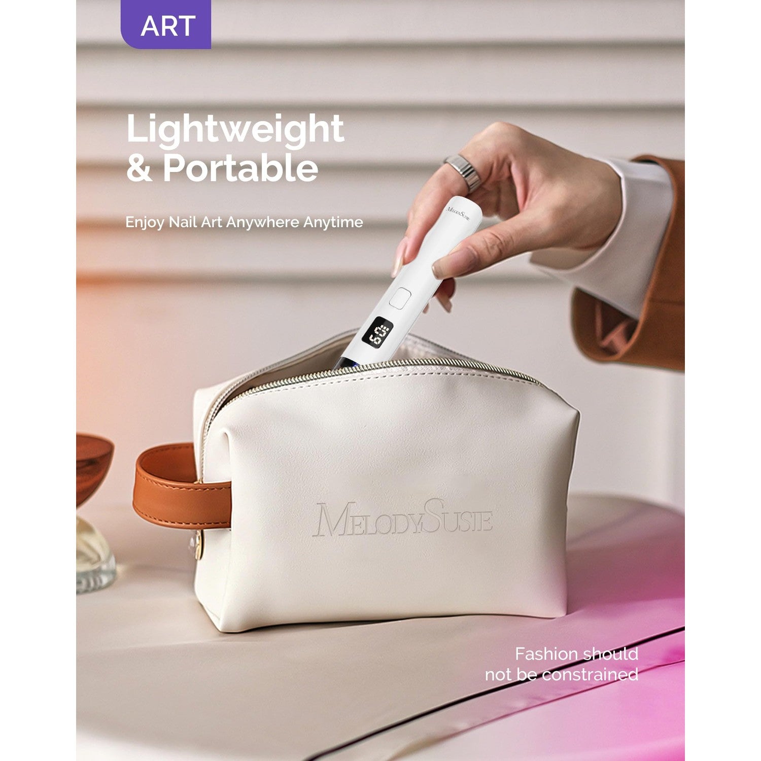 MelodySusie Handheld UV Light for Gel Nails P-ART01R with Stand, Hands-Free | Mini Portable Cordless Nail Lamp with LCD Display, Eye-Protective Cover, Flash Curing Glue, 450mAh Battery