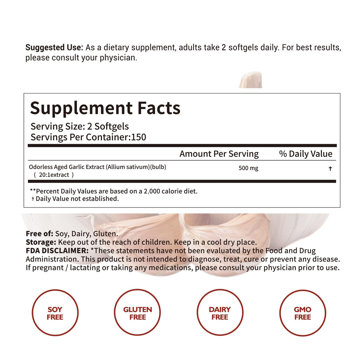 Aged Garlic Extract Capsules | Non-GMO, Gluten-Free | 300 Softgels Odorless Organic Garlic Supplement for Heart & Immune Support | 2 Years Aged Garlic Extract