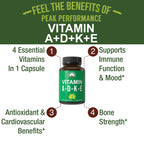 Peak Performance Vitamins D 5,000 iu + A + K + E All in 1 Vegan Capsule | ADK Vitamin Supplement with E D3 K2. Essential Vitamins for Mood, Immune, Bone, Vision, Heart. Easy to Swallow Capsules