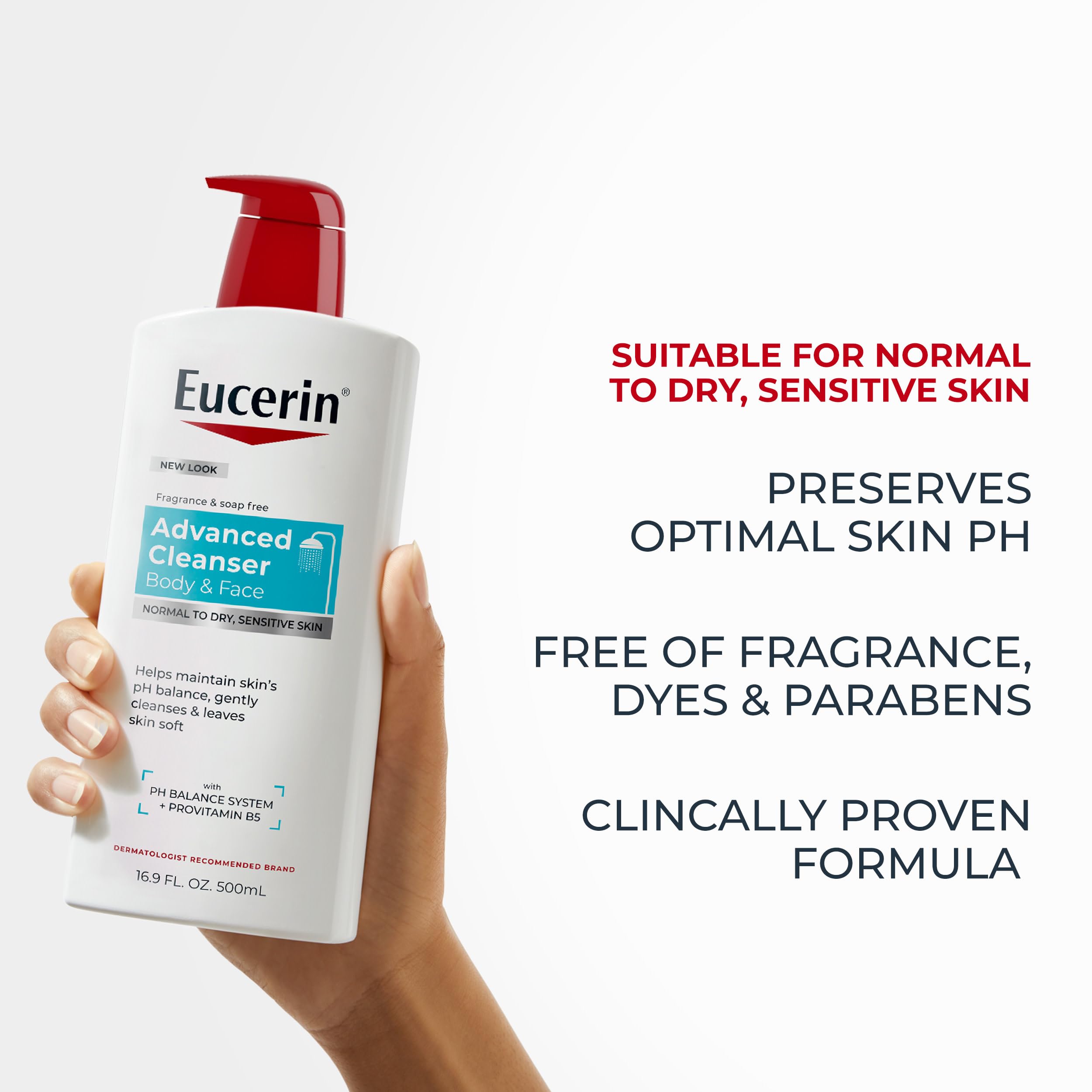 Eucerin Advanced Repair Body and Face Cleanser, 16.9 FL OZ | Body Wash and Face Cleanser with Provitamin B5, Gentle Wash for Normal to Dry, Sensitive Skin, Soap Free, Fragrance Free