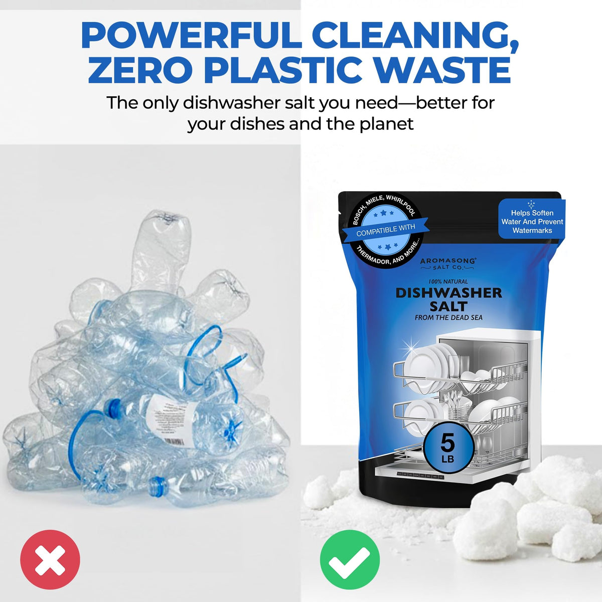 Aromasong Dishwasher Salt - 100% Natural Water Softening Agent for Cleaner Dishes & Washer Reactivation - Compatible with Bosch, Miele, Whirlpool, Thermador, and more - 5 LB.