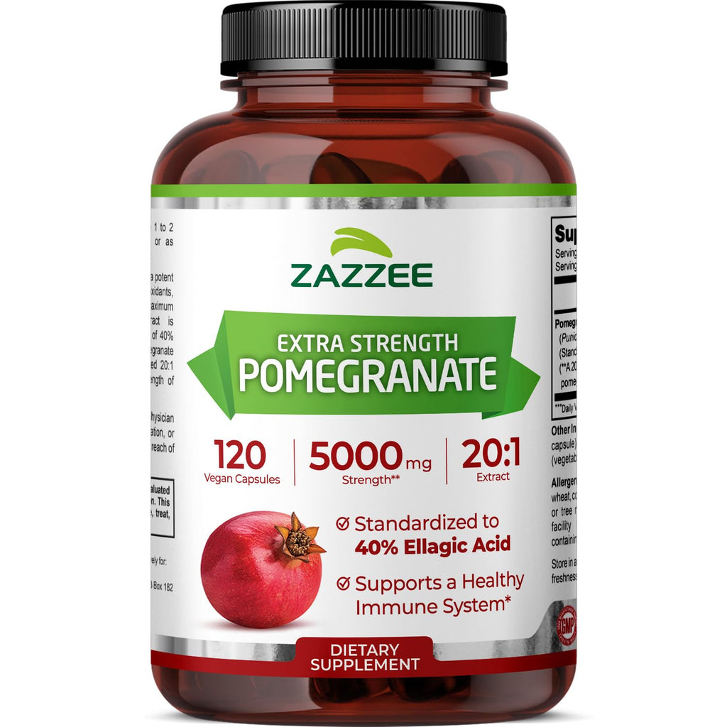 Zazzee Extra Strength Pomegranate 20:1 Extract, 120 Vegan Capsules | 40% Ellagic Acid, 4 Month Supply, Punica Granatum, Antioxidant & Cellular Health Support, Non-GMO, Made in the USA