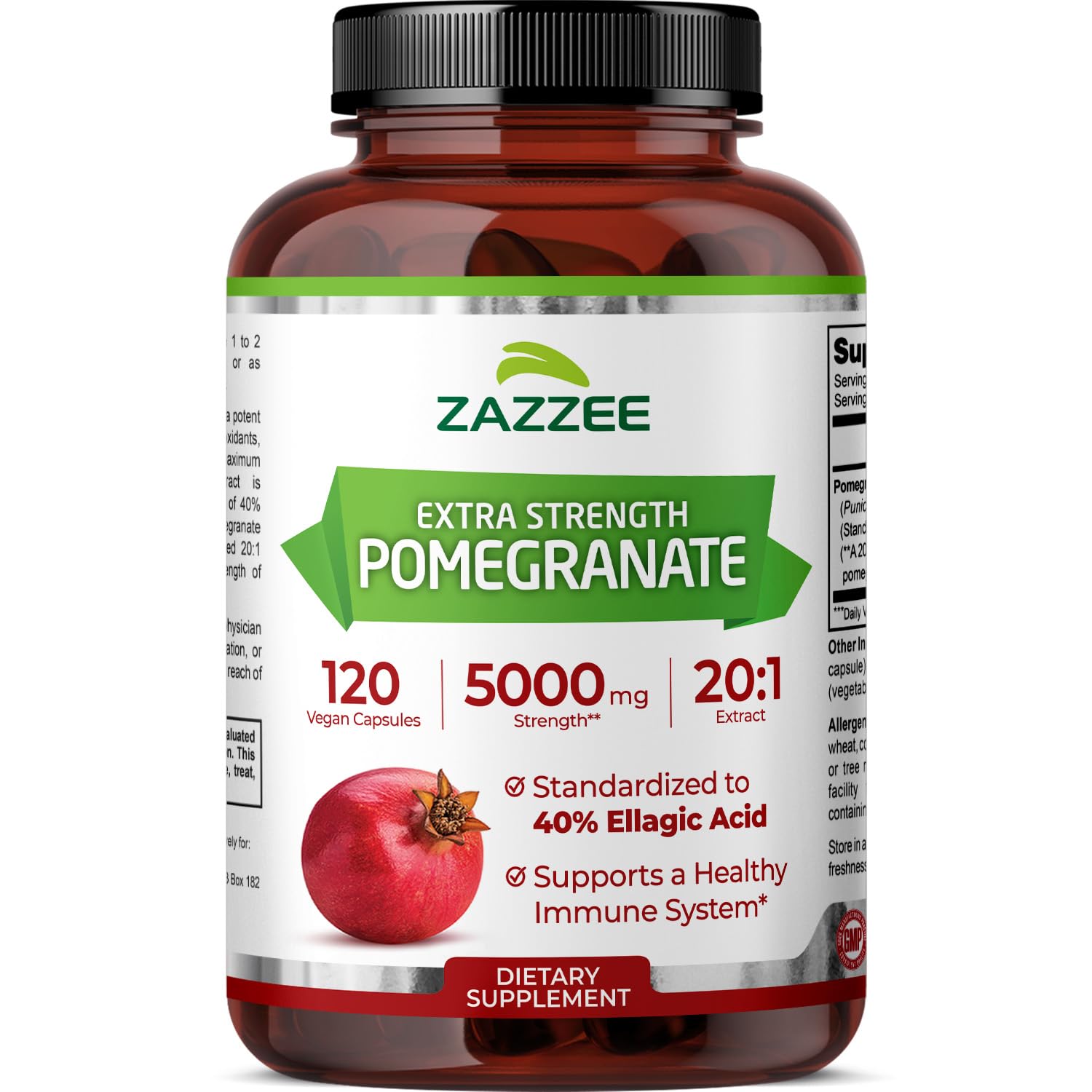 Zazzee Extra Strength Pomegranate 20:1 Extract, 120 Vegan Capsules | 40% Ellagic Acid, 4 Month Supply, Punica Granatum, Antioxidant & Cellular Health Support, Non-GMO, Made in the USA
