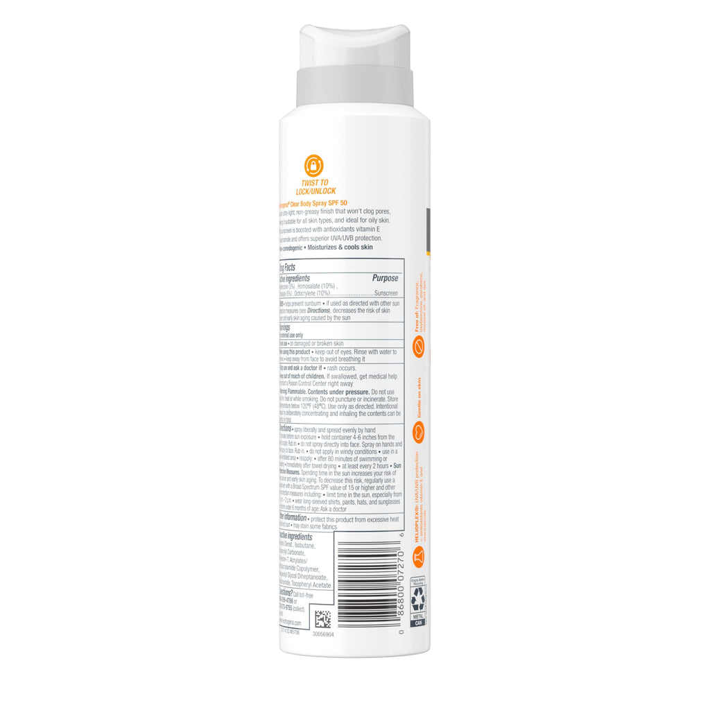 Neutrogena Clear Body Sunscreen Spray SPF 50, 5 oz | Broad Spectrum UVA/UVB Sun Protection, Water-Resistant, Non-Comedogenic, Lightweight Body Sunscreen, Vitamin E & Niacinamide
