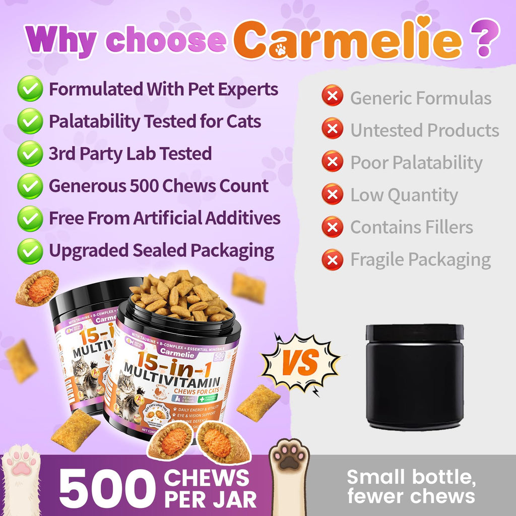 Carmelie Taurine for Cats Vitamins Treats, 15 in 1 Cat Multivitamin, 500 Ct
