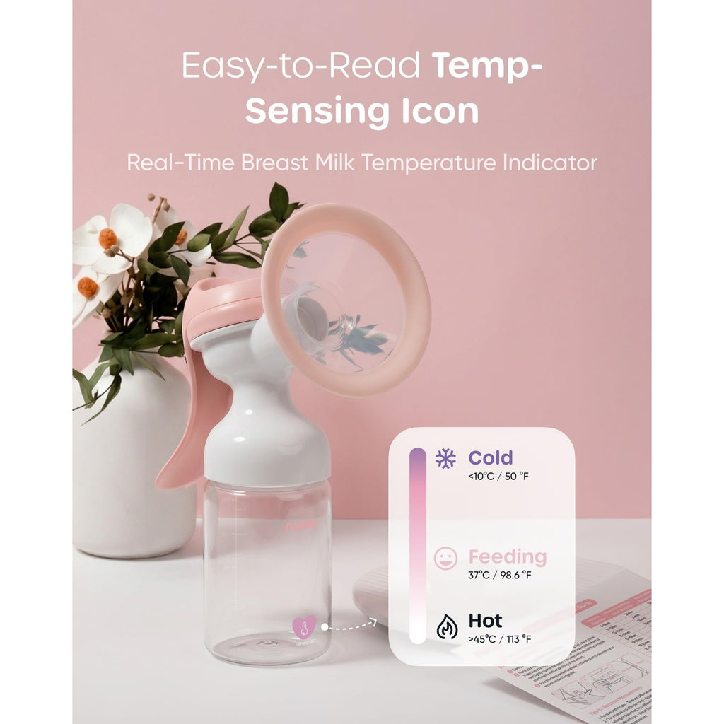 Nuliie 8010 Manual Breast Pump, Adjustable Suction with Temperature-Indicating Bottle, 6oz Wide-Neck Bottle, Narrow-Neck Adapter, Hand Pump Breastmilk with Flanges, BPA-Free, Heat Resistant