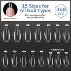 Discover Modelones 360pcs short almond nail tips, pre-numbered for easy selection in 15 sizes. 100% genuine for all nail types.