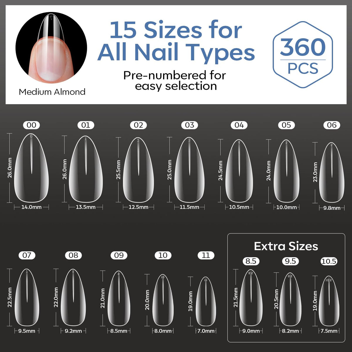 Discover Modelones 360pcs short almond nail tips, pre-numbered for easy selection in 15 sizes. 100% genuine for all nail types.