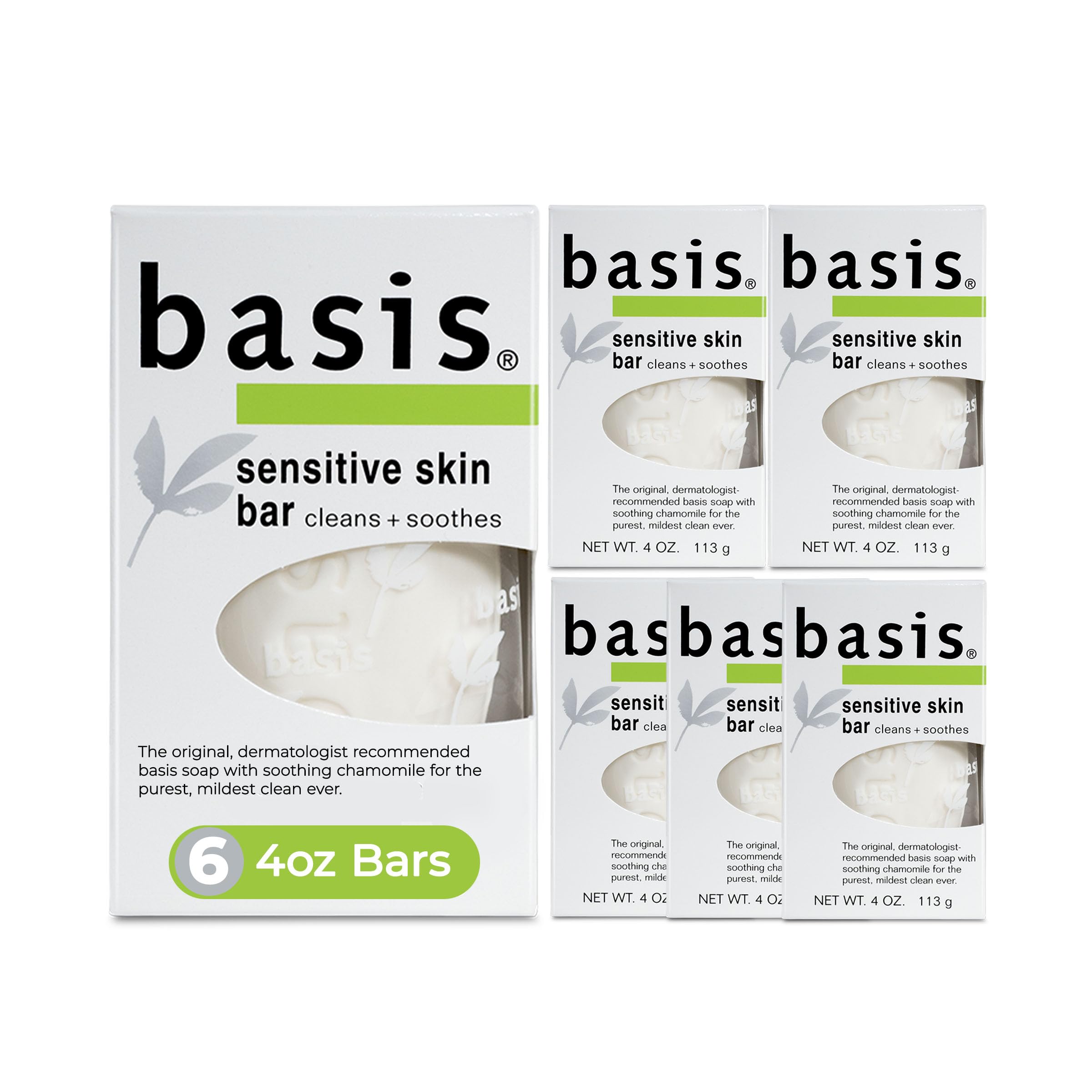 Basis Sensitive Skin Bar Soap for Body, Hands and Face, Multipack, 6 x 4 OZ