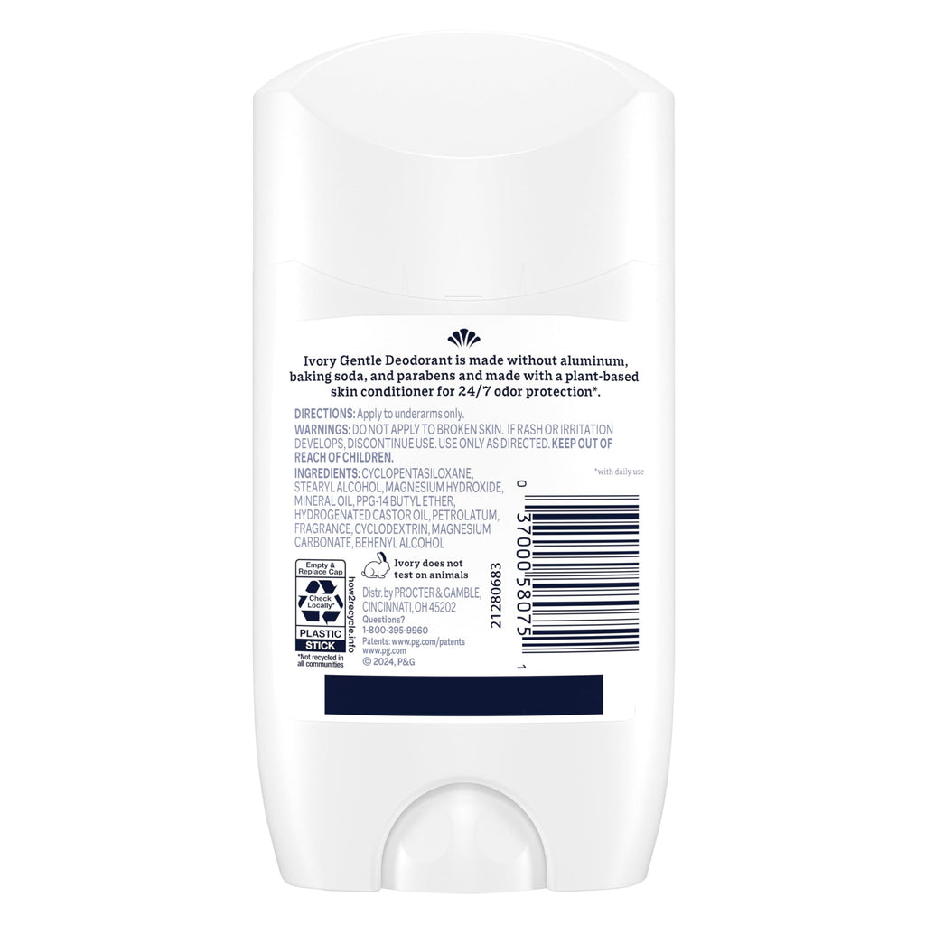 Ivory Aluminum Free Deodorant, Notes of Aloe, 24hr Gentle Deodorant, Dermatologist Tested, Baking Soda Free, Paraben Free, 2.4 oz