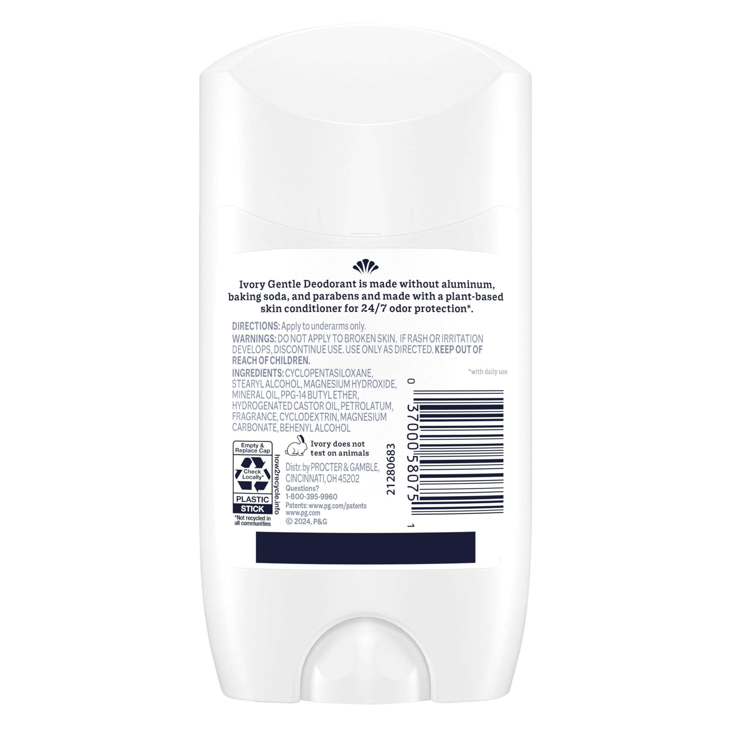 Ivory Aluminum Free Deodorant, Notes of Aloe, 24hr Gentle Deodorant, Dermatologist Tested, Baking Soda Free, Paraben Free, 2.4 oz