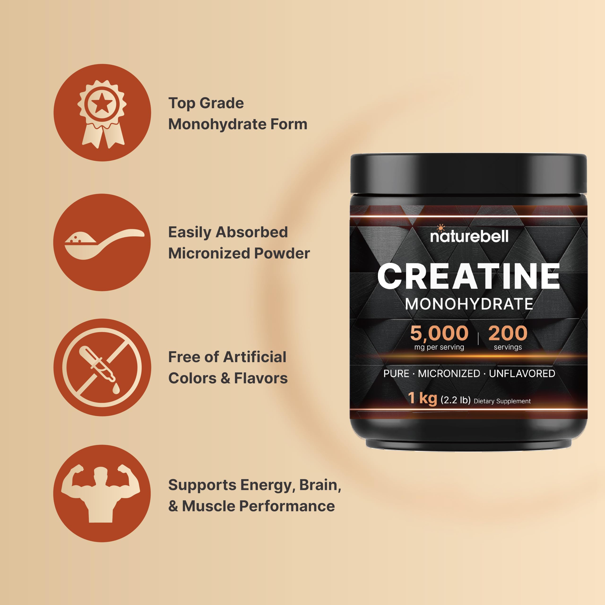 NatureBell Micronized Creatine Monohydrate Powder, 200 Servings | 5g Per Serving. Creatine Bulk Supply (1 kg / 2.2 lb). Unflavored & Easy-to-Mix. Keto, Vegan, Filler Free.